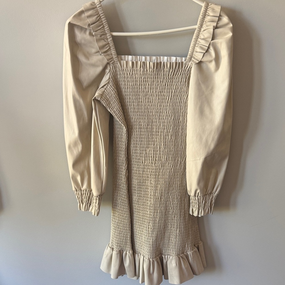 7 for all Mankind Faux Leather Cream Long Sleeve Smocked Dress